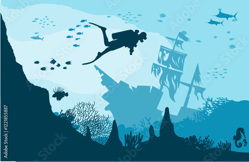 Silhouette of diver diving in the sea. Vector illustration.