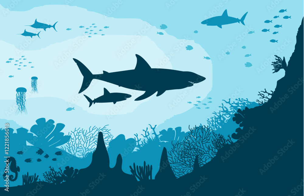 Obraz premium Underwater scene with sharks and corals. Vector Illustration.