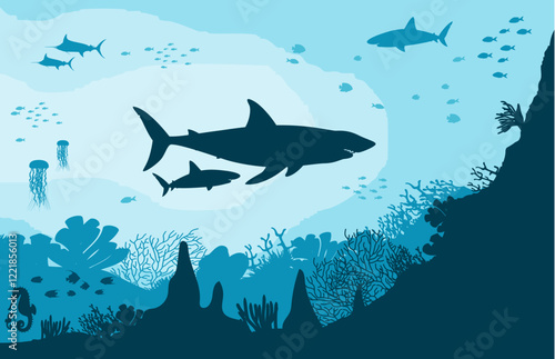 Underwater scene with sharks and corals. Vector Illustration.