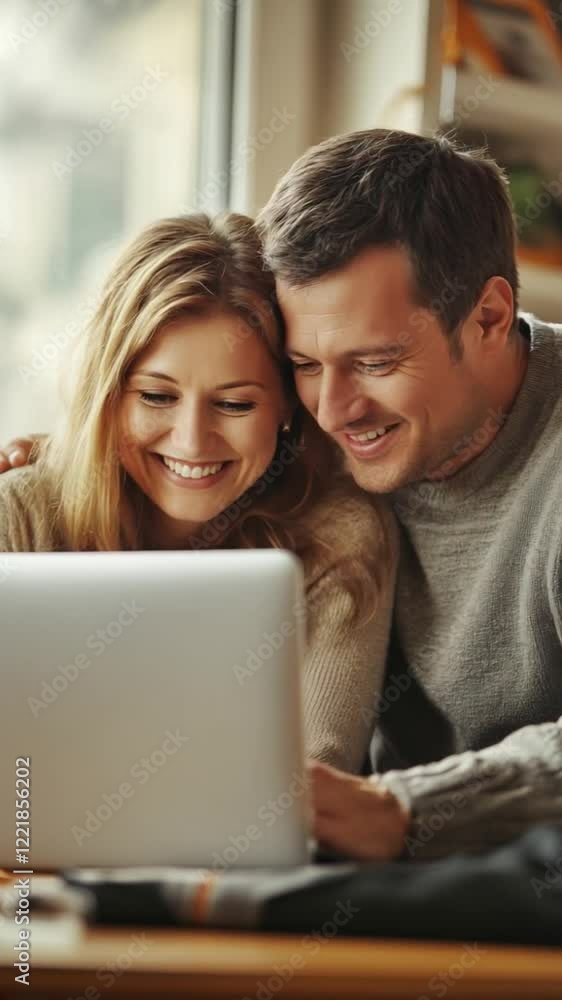 Happy couple smiling while using a laptop together indoors Happy couple smiling while using a laptop together indoors