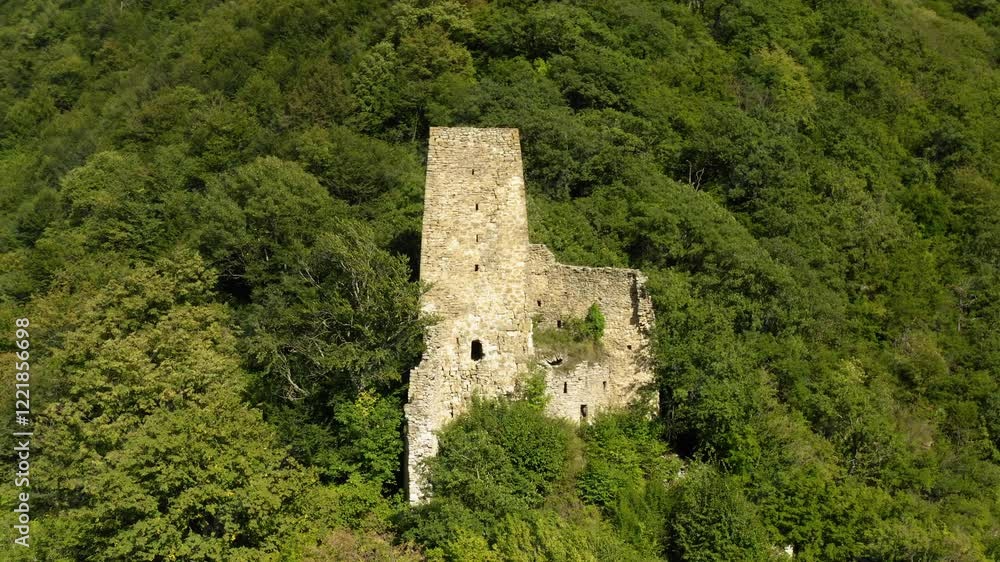 Drone shot of Mere fortress on mountain, encircled by lush trees in Georgia, showcasing its historic architecture against a beautiful natural backdrop. Drone shot of Mere fortress on mountain, encircled by lush trees in Georgia, showcasing its historic architecture against a beautiful natural backdrop.