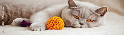 A Relaxed Domestic Cat Lounging Comfortably on a Soft Surface with a Colorful Toy, Featuring Striking Orange Eyes and Plush Fur Detail in a Cozy Setting photo