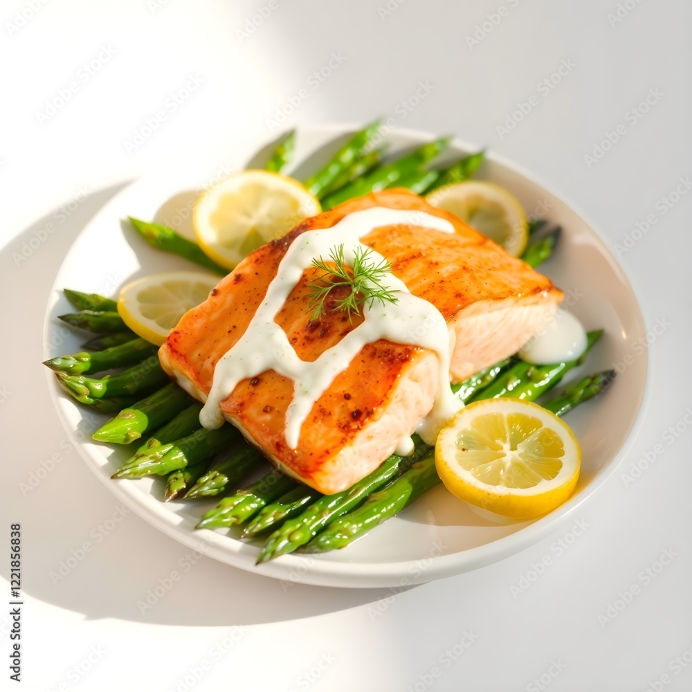 Grilled salmon dish with white sauce over asparagus and lemon wedges. Grilled salmon dish with white sauce over asparagus and lemon wedges.