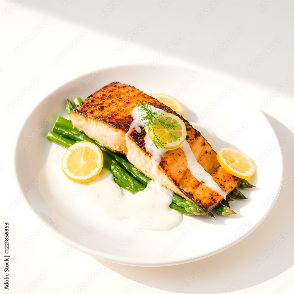 A dish of grilled salmon with white sauce, lemon wedges and asparagus on a white plate. A dish of grilled salmon with white sauce, lemon wedges and asparagus on a white plate.