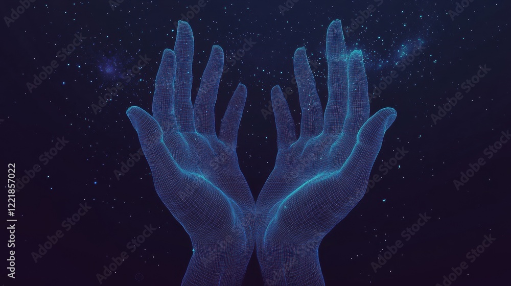 A pair of illuminated hands reaching upwards, surrounded by a starry background, symbolizing hope, dreams, and the universe. A pair of illuminated hands reaching upwards, surrounded by a starry background, symbolizing hope, dreams, and the universe.