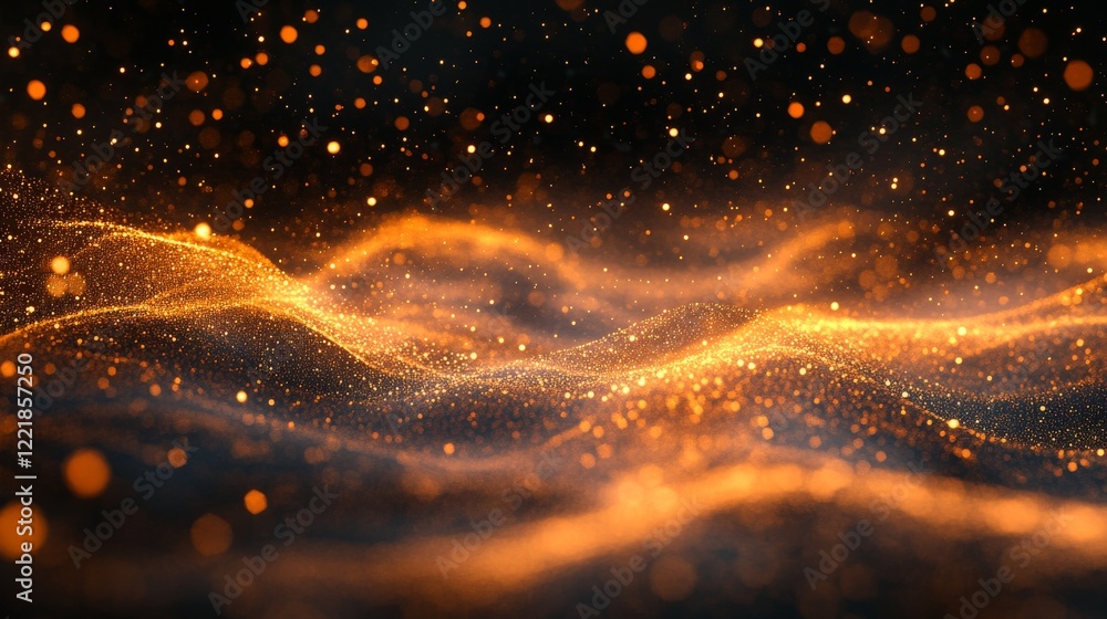 Golden Particles Flowing Across Dark Background Golden Particles Flowing Across Dark Background
