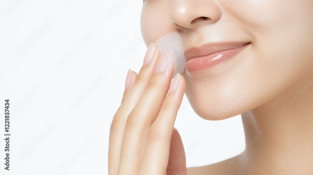 Woman Gently Cleansing Face with Soft Foam in Beauty Routine Woman Gently Cleansing Face with Soft Foam in Beauty Routine