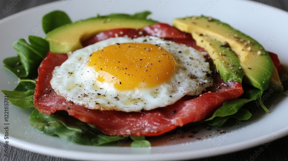 Delicious breakfast plate featuring a sunny-side-up egg on a bed of fresh spinach, surrounded by slices of avocado and high-quality deli meat for a healthy meal option. Delicious breakfast plate featuring a sunny-side-up egg on a bed of fresh spinach, surrounded by slices of avocado and high-quality deli meat for a healthy meal option.