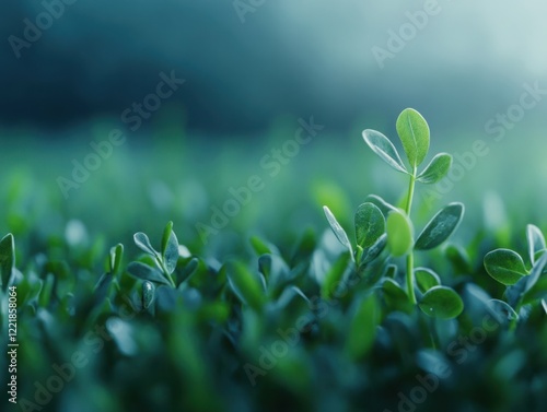 Fresh Green Sprout Emerging from Lush Grass, Symbolizing New Beginnings and Growth in a Natural Environment Bathed in Soft Morning Light photo