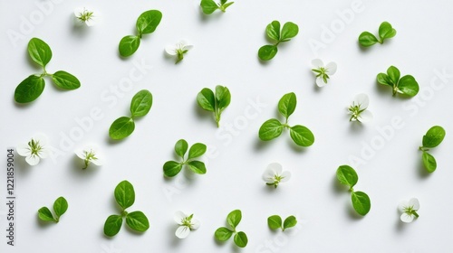 White flowers and green leaves arranged in a pattern