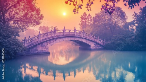 A picturesque bridge adorned with love locks, overlooking a serene river at sunset, --ar 16:9 --v 6.1 Job ID: 86d81424-0850-41f6-9bb7-3ea07a5c0942