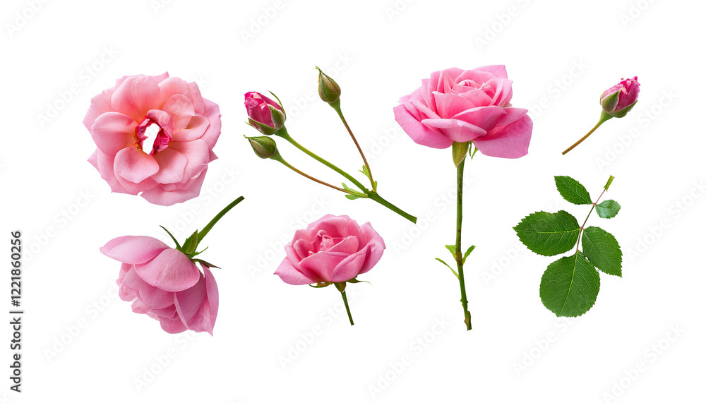Fototapeta premium Various Pink Roses and Buds on White Background