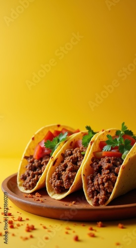 Three tacos on a plate with a yellow background