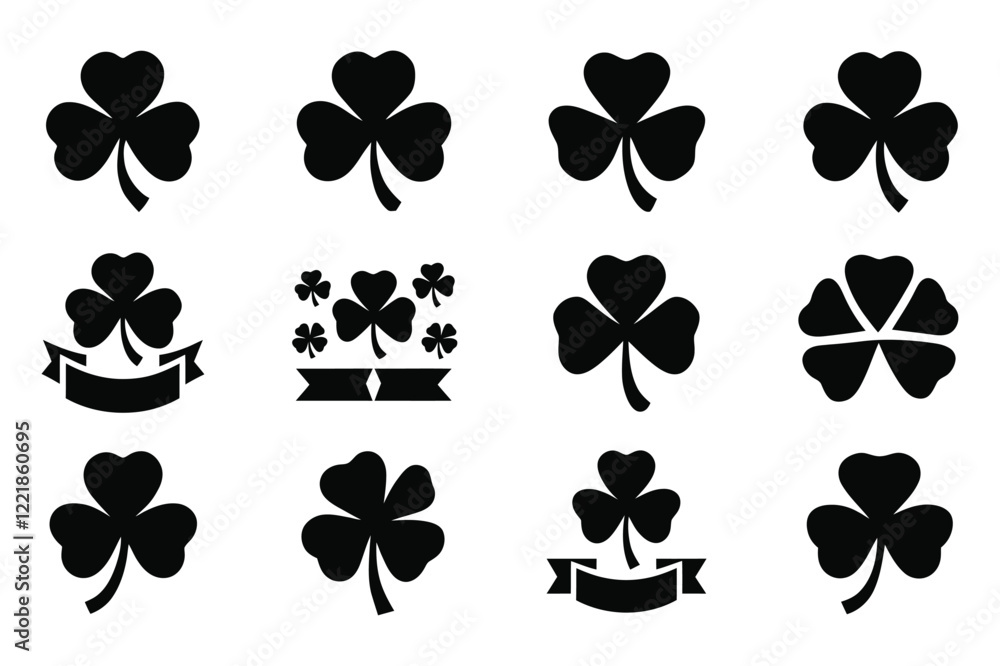 Black Silhouette Four-Leaf Clover Vector Icons - Lucky Symbols and Banners for St. Patrick's Day Designs Black Silhouette Four-Leaf Clover Vector Icons - Lucky Symbols and Banners for St. Patrick's Day Designs