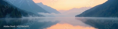 Wallpaper Mural Misty mountain air rises from lake waters at dawn, foggy, cool, lake Torontodigital.ca