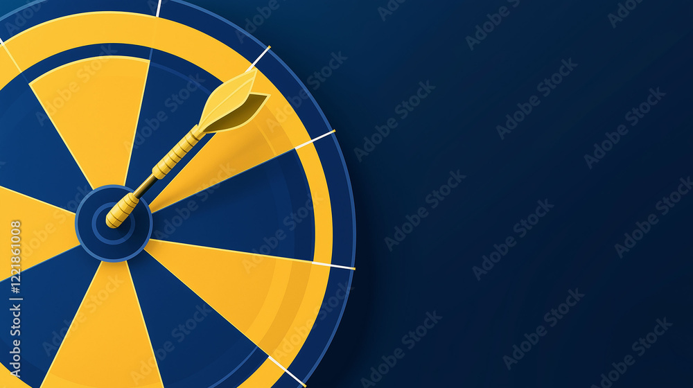Arrow in the middle of a yellow and blue target. Space for text. Concept of achieving goals Arrow in the middle of a yellow and blue target. Space for text. Concept of achieving goals