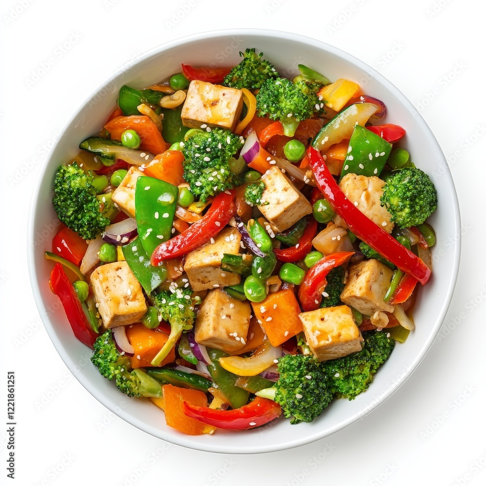A bowl of colorful vegetable stir-fry with tofu, isolated white background, modern art style A bowl of colorful vegetable stir-fry with tofu, isolated white background, modern art style