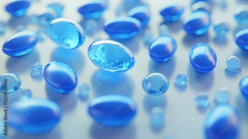Blue capsules scattered on white surface, healthcare concept Blue capsules scattered on white surface, healthcare concept