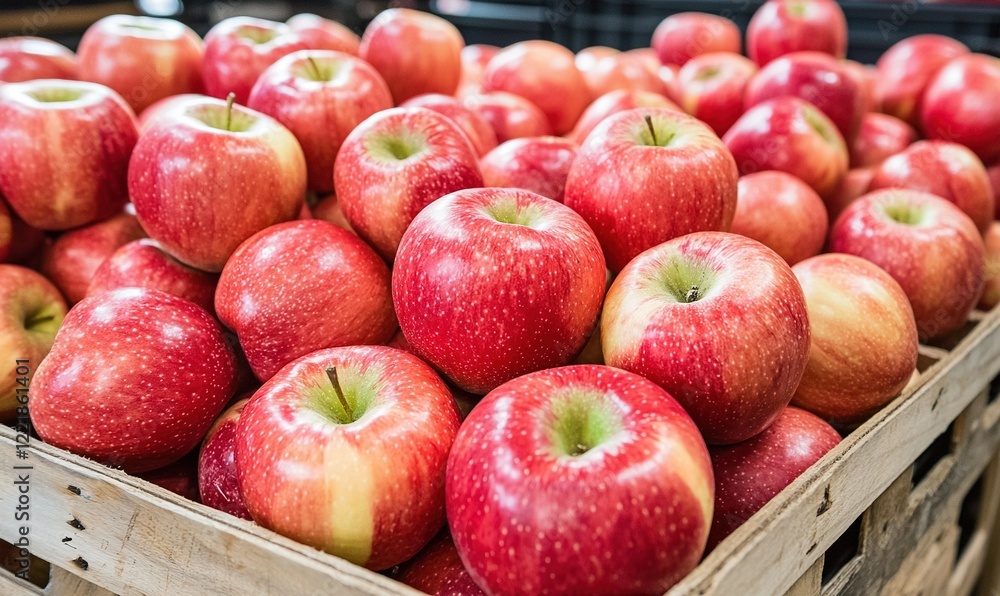 Fresh red apples displayed in wooden crate at market Fresh red apples displayed in wooden crate at market
