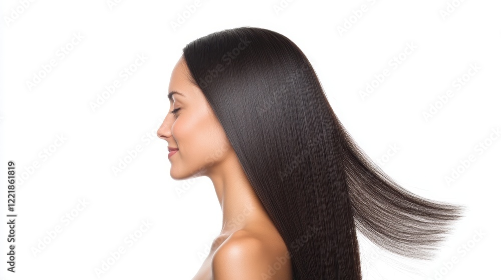 Elegant Woman with Long Smooth Hair Against White Background Elegant Woman with Long Smooth Hair Against White Background