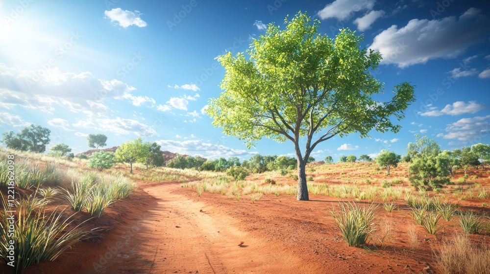 Outback tree path, sunny day, arid landscape, travel Outback tree path, sunny day, arid landscape, travel