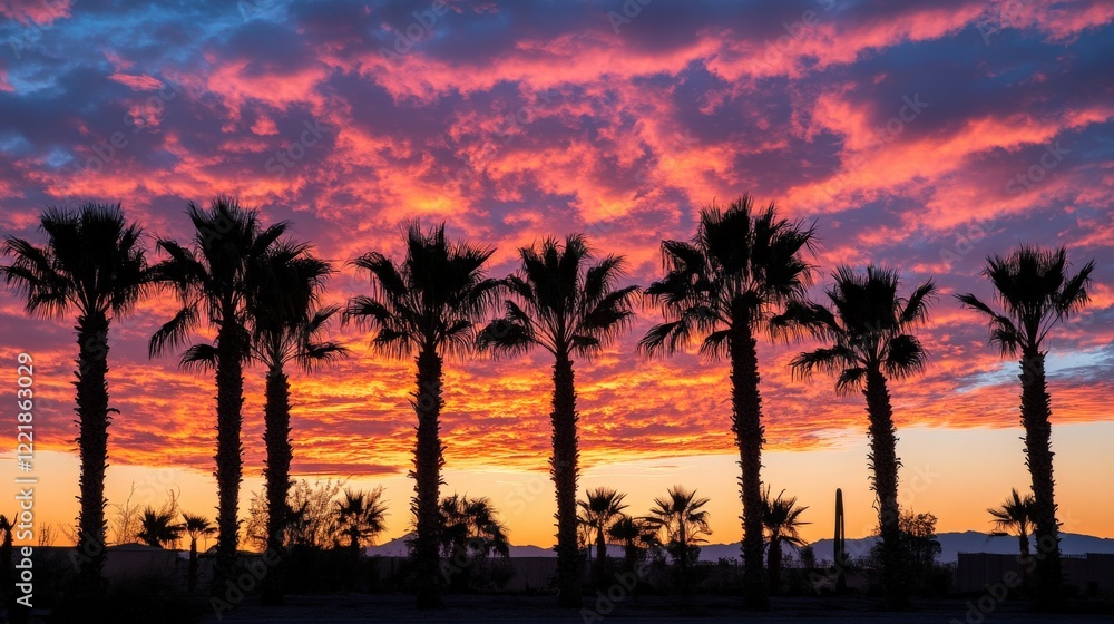 Obraz premium Vibrant Sunset Over Silhouetted Palm Trees Against Colorful Sky