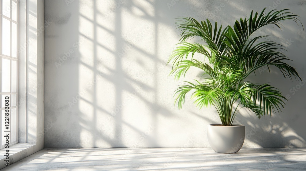 Fototapeta premium Indoor Plant Minimalist Room Decor Sunlight White Pot Parlor Palm Home Interior Design Bright Room