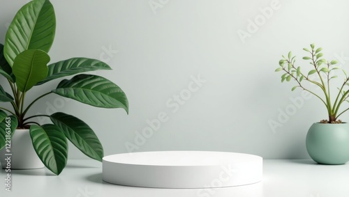 White Round Podium with Green Plants