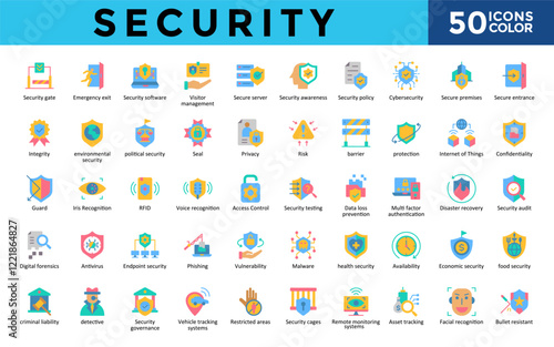 Security icons set with security gate, emergency exit, security software, visitor management, secure server, security awareness, security policy, cybersecurity icon. Simple color vector 
