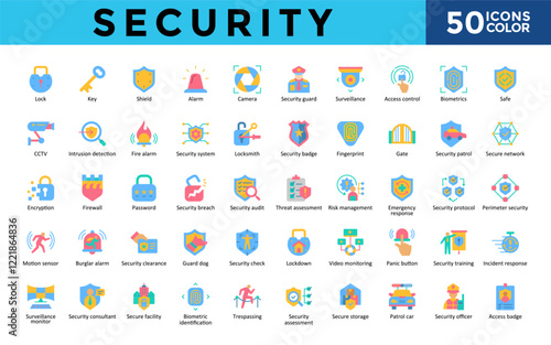 Security icons set with lock, key, shield, alarm, camera, security guard, surveillance, access control, biometrics, safe icon. Simple color vector 

