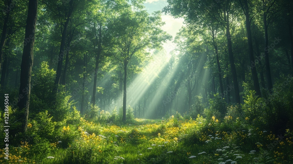 Fototapeta premium Sunbeams Illuminating a Lush Green Forest Path Magical Woodland Scene