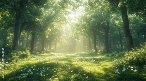 Sunlit Forest Path Magical Green Woods with Blooming Flowers and Sunlight Beams