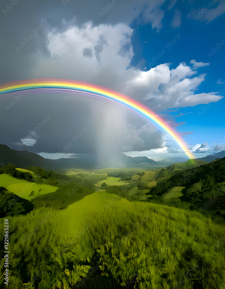 Naklejka premium A vibrant rainbow arches over a lush green valley with rolling hills and dramatic sky. Natural beauty