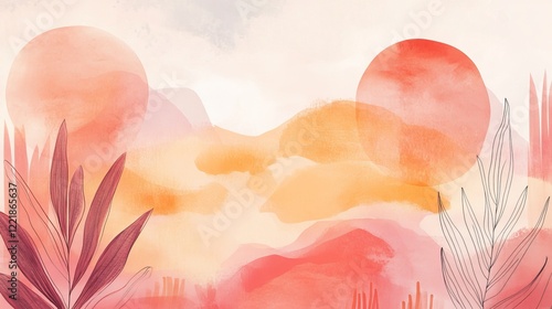 Abstract Watercolor Landscape Art with Plants Sunset Style Graphic Design