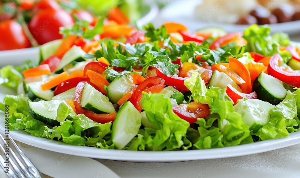 Fresh vegetable salad with cucumbers, tomatoes, and peppers on a table Fresh vegetable salad with cucumbers, tomatoes, and peppers on a table