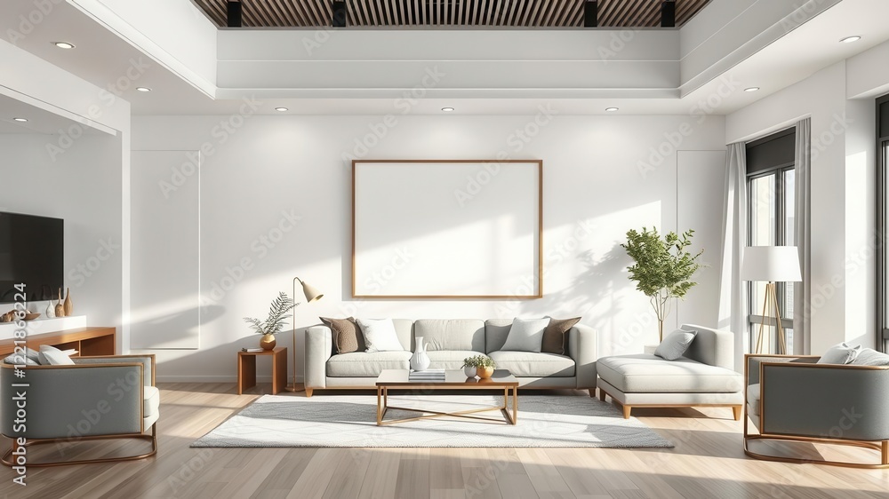 Fototapeta premium Spacious living room with modern wall art mockup, home, stylish, large space