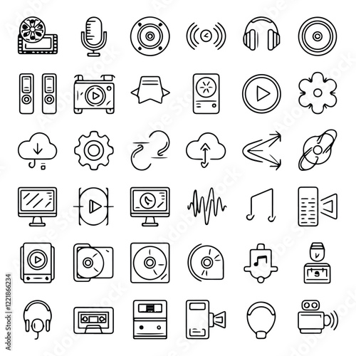 Audio video icon set. Set of 30 outline icons related to movie, micro, setup, microphone. Linear icon collection. Audio video outline icons collection. Editable stroke. Vector illustration