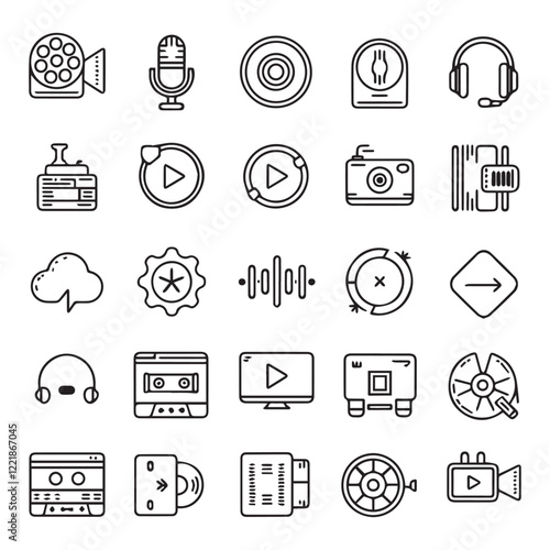 Audio video icon set. Set of 30 outline icons related to movie, micro, setup, microphone. Linear icon collection. Audio video outline icons collection. Editable stroke. Vector illustration