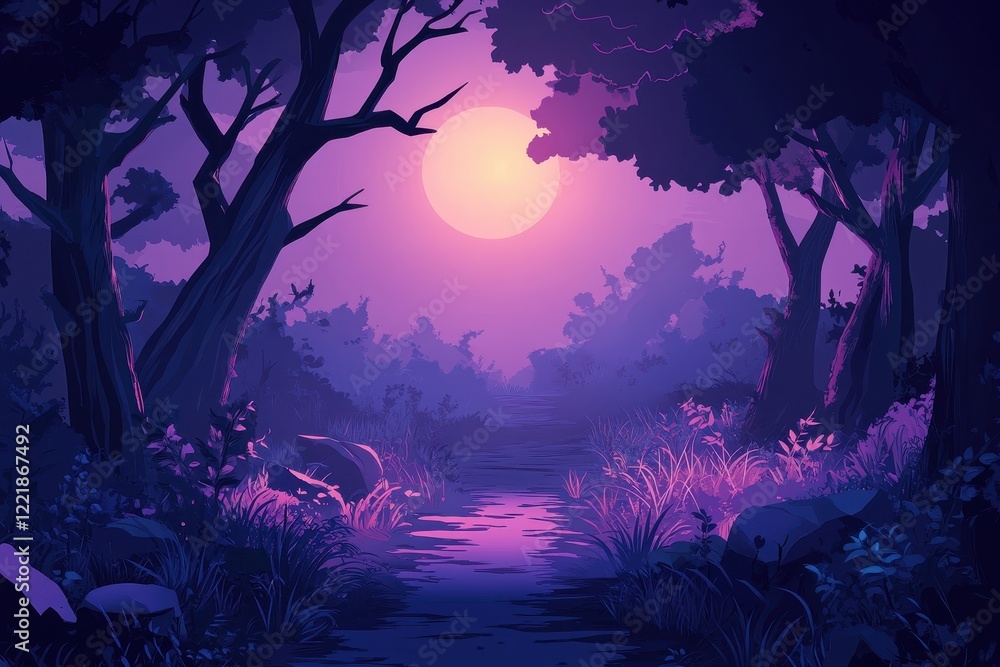 Serene Moonlight Path Through A Purple Forest Serene Moonlight Path Through A Purple Forest