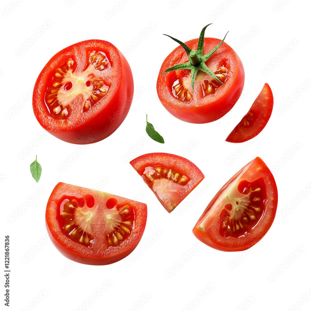 Fototapeta premium Freshly Cut Red Tomatoes on a Transparent Background
