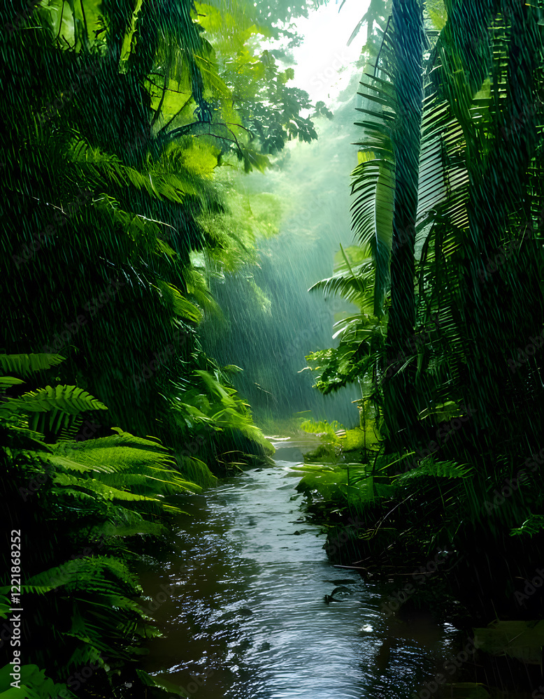 Fototapeta premium A tranquil stream flows through a lush, rain-soaked forest, sunlight filtering through the leaves