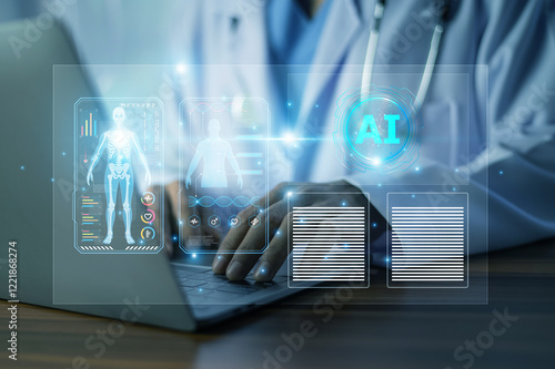 Doctor actively training an advanced AI system by inputting medical cases and outcomes to enhance patient care and improve diagnosis accuracy