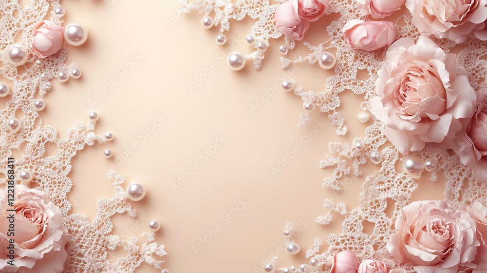 Fototapeta premium a picture of a beautiful pink rose and pearl border