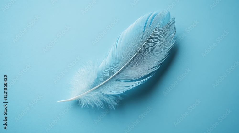 Obraz premium Single light blue feather on a blue background