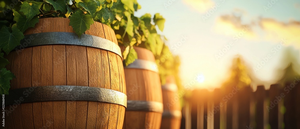 custom made wallpaper toronto digitalA serene sunset scene featuring wooden barrels surrounded by lush greenery, creating a warm and inviting atmosphere.