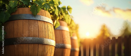 Wallpaper Mural A serene sunset scene featuring wooden barrels surrounded by lush greenery, creating a warm and inviting atmosphere. Torontodigital.ca