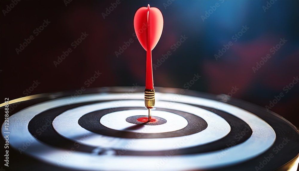 Red dart hitting the bullseye on a dartboard. Red dart hitting the bullseye on a dartboard.