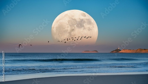 Massive moon rises over tranquil ocean, birds fly by.