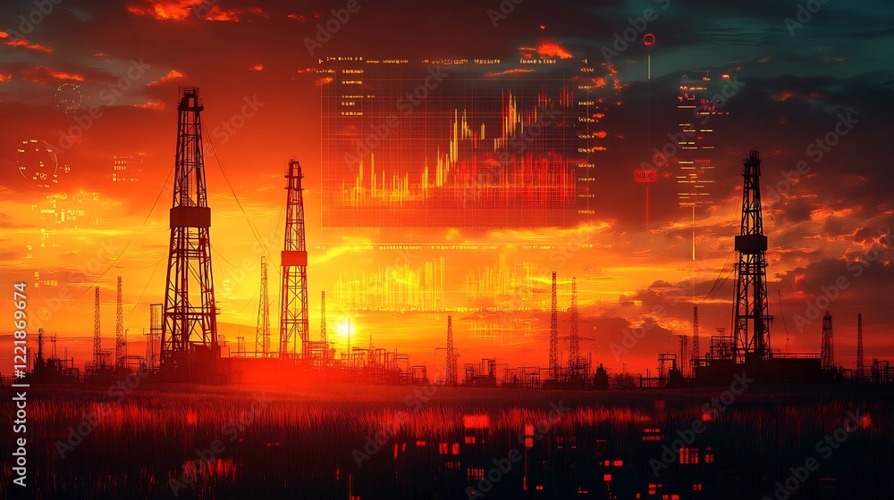 Fototapeta premium Fiery sunset dramatically illuminates industrial skyline; vibrant orange hues paint a powerful scene.. AI Generated
