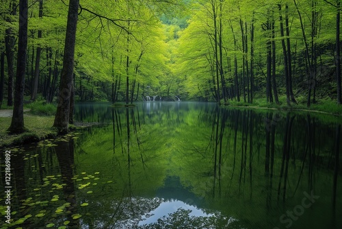 Calm forest with vibrant green trees reflections in clear water during midday